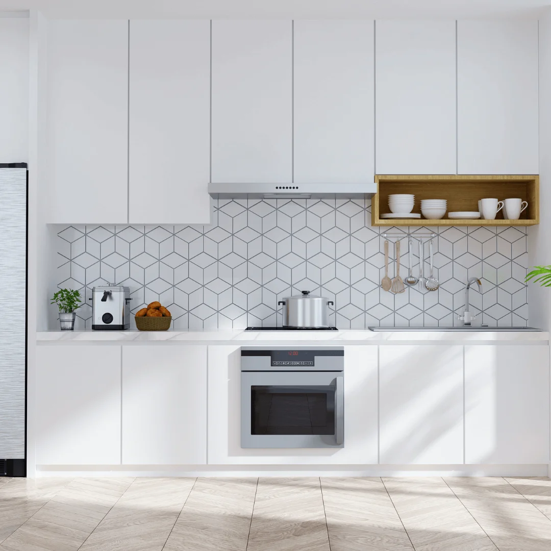 Neutral-toned kitchen with modern finishes.