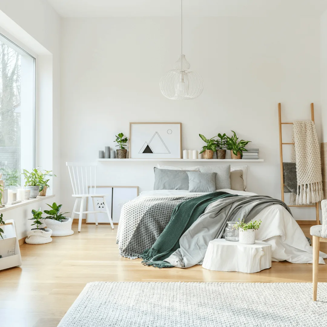 Stylish Bedroom in Neutral Tones with Floating Bed Design.