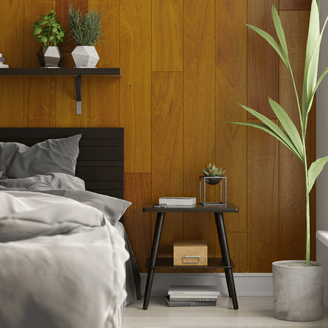 Cozy Guest Bedroom with Textured Wall and Warm Lighting.