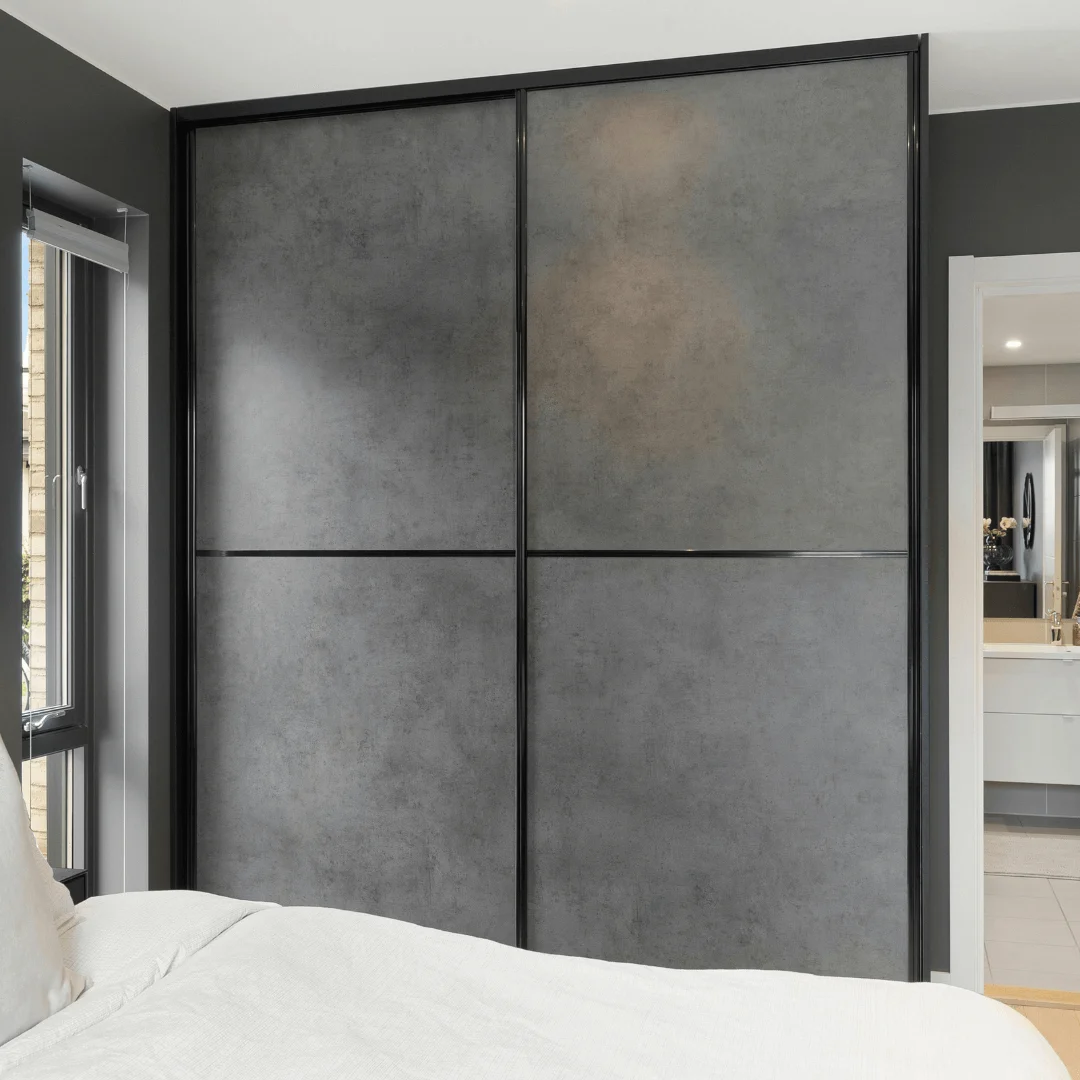 Two-Tone Sliding Wardrobe in Beige and Grey with Mirror Strip Accent