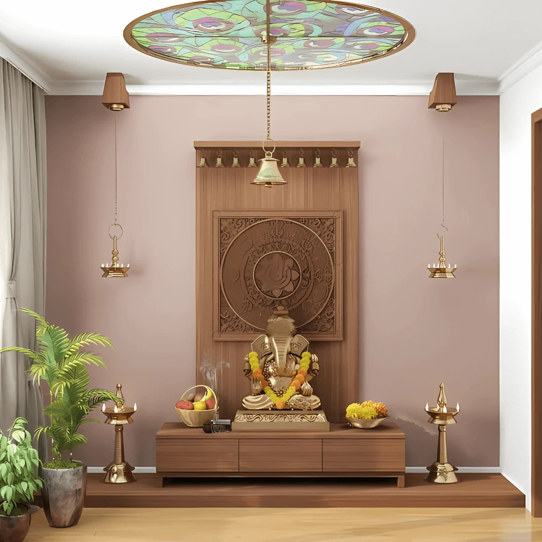 Modern Pooja Unit with Backlit Panel and Intricate Jaali Work