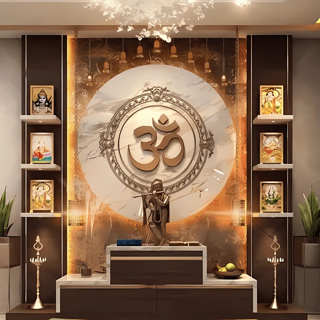 Traditional Pooja Room with Carved Wooden Mandir and Brass Lamps