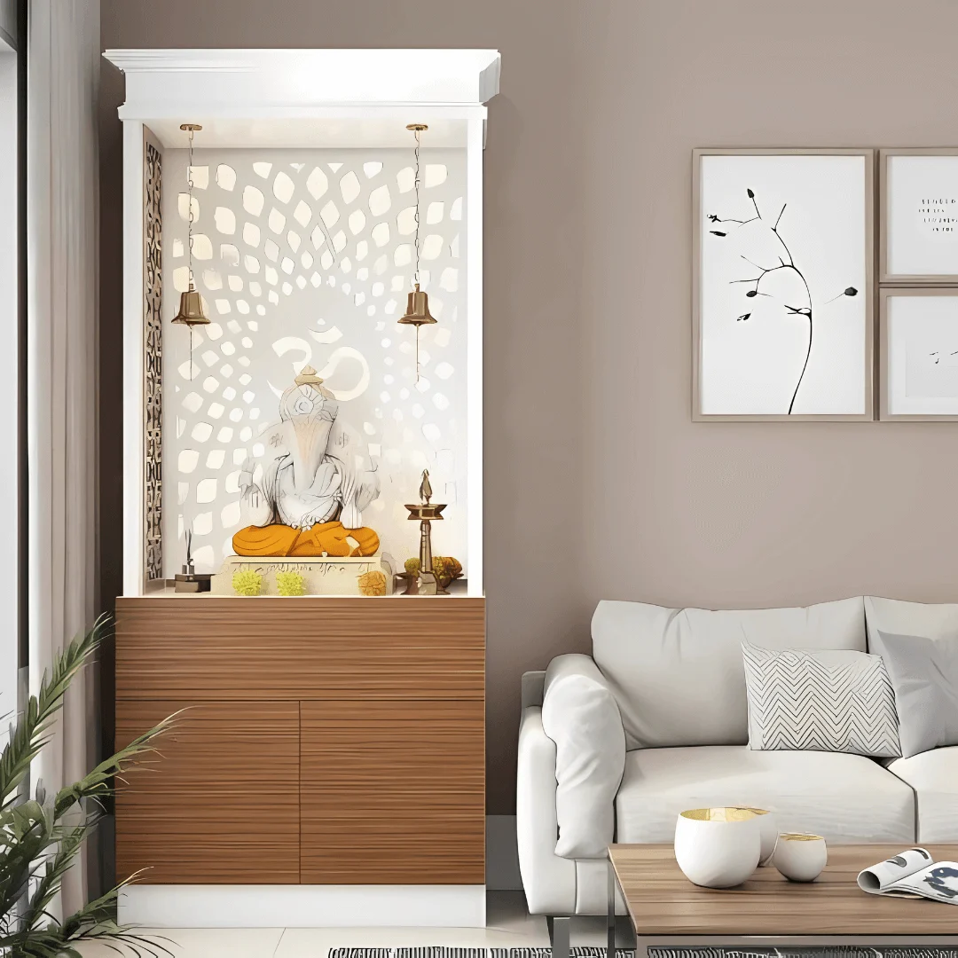 Compact Pooja Space with Marble Backdrop and Diyas