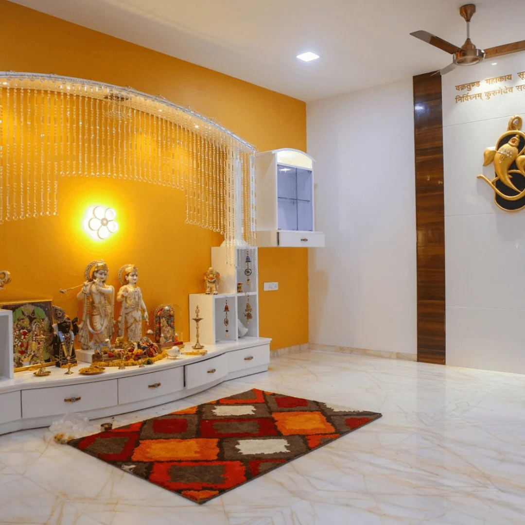 Living and dining interior with pooja space in Bangalore