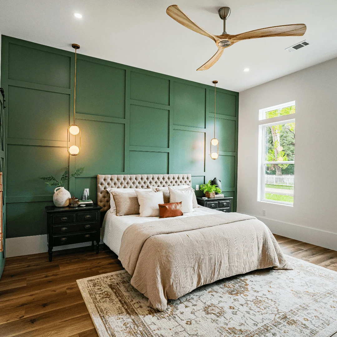 Master bedroom interior with panelled wall in Sarjapur Road Bangalore