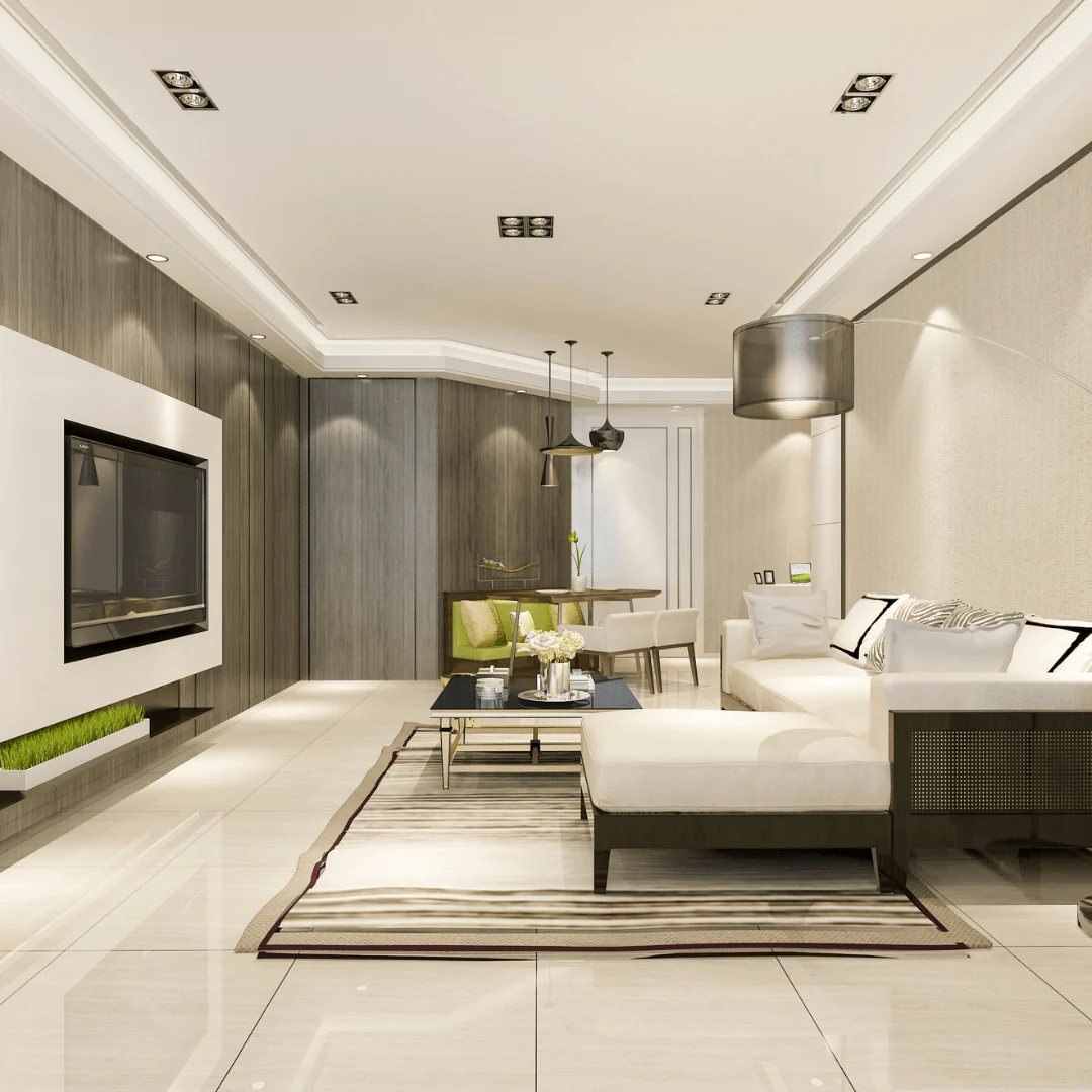 Living room TV unit design with storage for a home in Bangalore