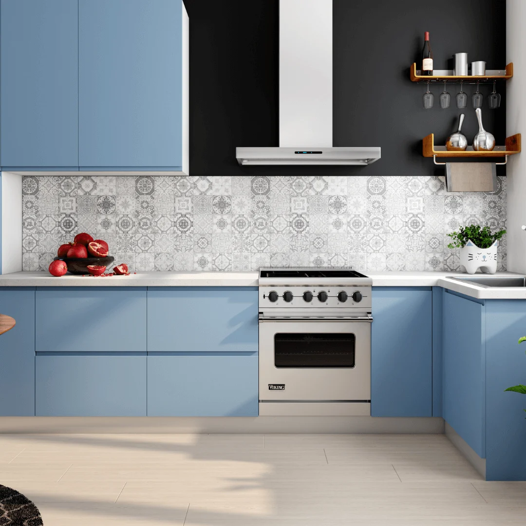 Blue modular kitchen completed in Whitefield, Bangalore